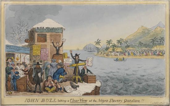 (SLAVERY AND ABOLITION.) CRUIKSHANK, ROBERT. John Bull taking a Clear View of the Negro Slavery Question.